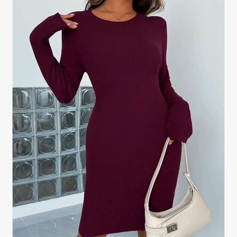 Trendy summer ribbed long sleeve Burgundy Knit Dress